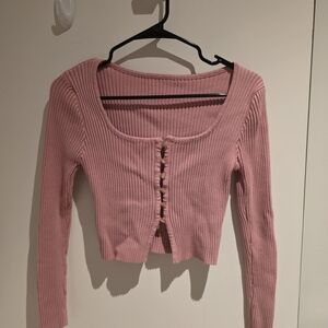 Pink Ribbed Long Sleeve Crop Top